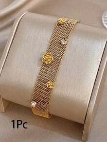 Set/1 Pieza Pulsera de Cadena de Malla Ancha de Acero Inoxidable con Mariposa, Zirconia y Flores Doradas Minimalistas, Conjunto de Joyería para Mujer, Fiesta, Diario, San Valentín/Cumpleaños/Navidad - Multicolor - Ver 10