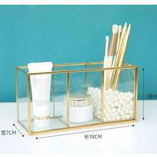 Makeup Brush Holder 3/4 Compartment Glass And Brass Cosmetic Storage 19.5*7*9cm Vintage Makeup Storage Box - Clear - View 12