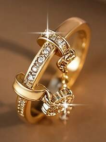 1pc Exquisite Sparkling Hanging Pendant Cubic Zirconia Gold-Plated Adjustable Rings,For Daily Wear,Dates,Vacation,Summer Beach,Bohemian Style Jewelry - Yellow Gold - View 6