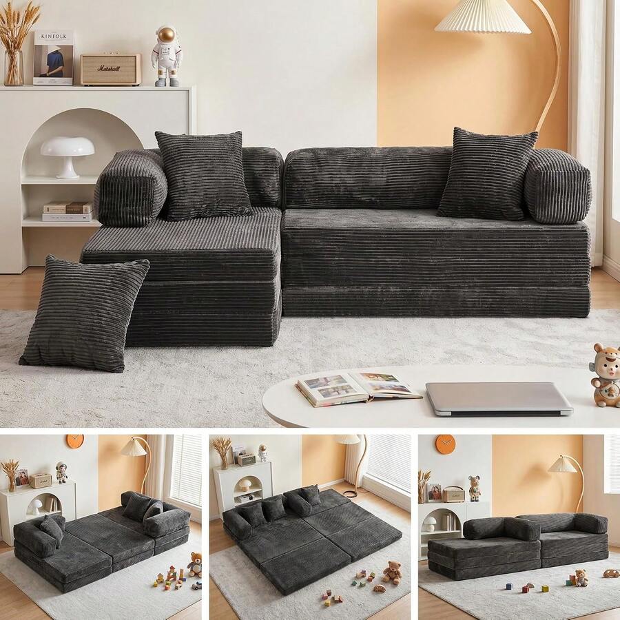 6-In-1 Boneless Couches L-Shaped Modular Sectional Sofa| Cloud Couch Sectional & Tri-Folding Mattress| Corduroy Pet-Friendly Convertible Sofa Bed With 800LB Capacity Apartment, Guest Room JMLS - Black - View 1