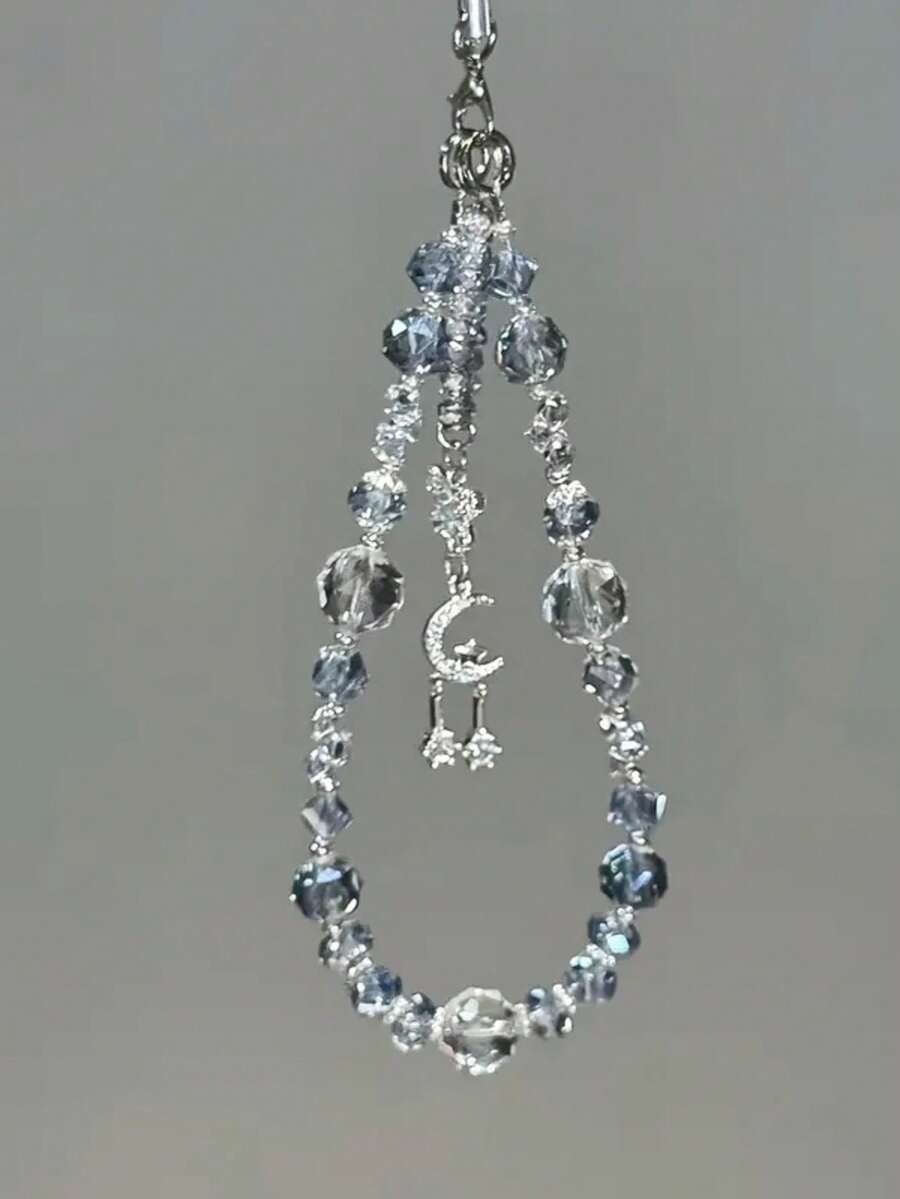 1pc Cool Ice Blue Crystal Phone Chain, Star Moon Butterfly Pendant, High-End Girl Style Phone Lanyard (Due To Shooting Angle And Magnification, Actual Size May Slightly Differ From The Photo)