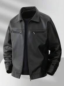 Men's Black PU Leather Jacket With Turn-Down Collar, Dual Zipper Chest Pockets, Short Length, Spring/Autumn Vintage Workwear Style Faux Leather Jacket, Casual Business Commute Top - Black - View 3