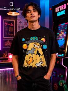 Alien Cat Catching T-Shirt, Unisex Men's And Women's Blouse, 100% Cotton, Premium Top Streetwear, New Release, Immediate Shipping, Various Colors!! - 黑色 - 查看 2