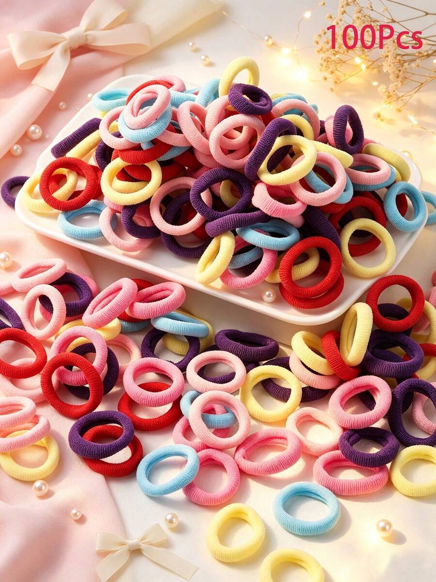 100Pcs Girls Simple Colorful 0.8 Inch Diameter Finger Size Hair Ties, Cute Non-Damaging Hair Bands Ponytail Holders Hair Accessories Suitable For Daily Use - 彩色 - 查看 1