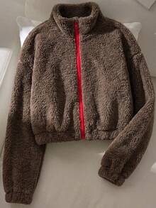 Autumn/Winter Soft Brown Short Fleece Stand Collar Jacket, Red Zipper Warm Wool, Soft And Skin-Friendly, Suitable For Outdoor Walking And More - Brown - View 6