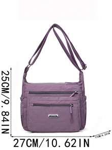 Casual Nylon Shoulder Bag With Adjustable Strap, Multi-Compartment Crossbody Bag, Solid Color, Zipper Closure, Polyester Lining, Lightweight For Daily Use - Purple - View 3