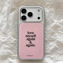 1件純色「Love Myself Again」英文標語電鍍銀大窗鏡頭全包覆亮面防摔手機殼，適用所有 Apple 系列，Ins 溫柔療癒韓系小眾百搭 - 粉色 - 查看 3