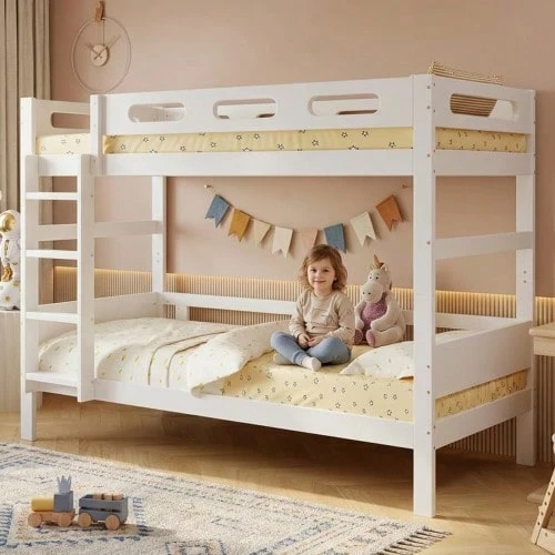 Wooden Bed, Bunk Bed, Kids' Bed, Simple Design - 白色 - 查看 1