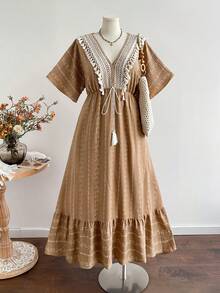Rusttydustty Women's Plus Size Camel Print V-Neck Tassel Bohemian Vintage Maxi Dress, Suitable For Autumn And Halloween Elegant Summer - Camel - View 2