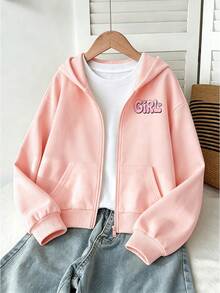 Girls' Autumn Hooded Jacket, Cute Pink Slogan Print Design, Comfortable And Soft Fabric, Suitable For Autumn/Winter Daily Wear - Pink - View 2