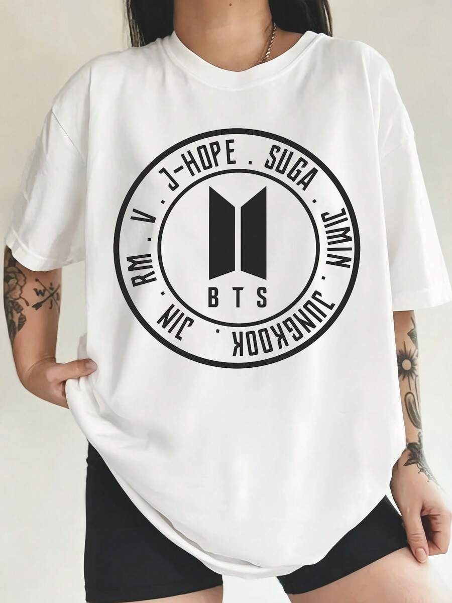 BTSS V Names Circle Frame Team Symbol Print Loose Fit Everyday Wear Crew Neck Tee - 白色 - 查看 1