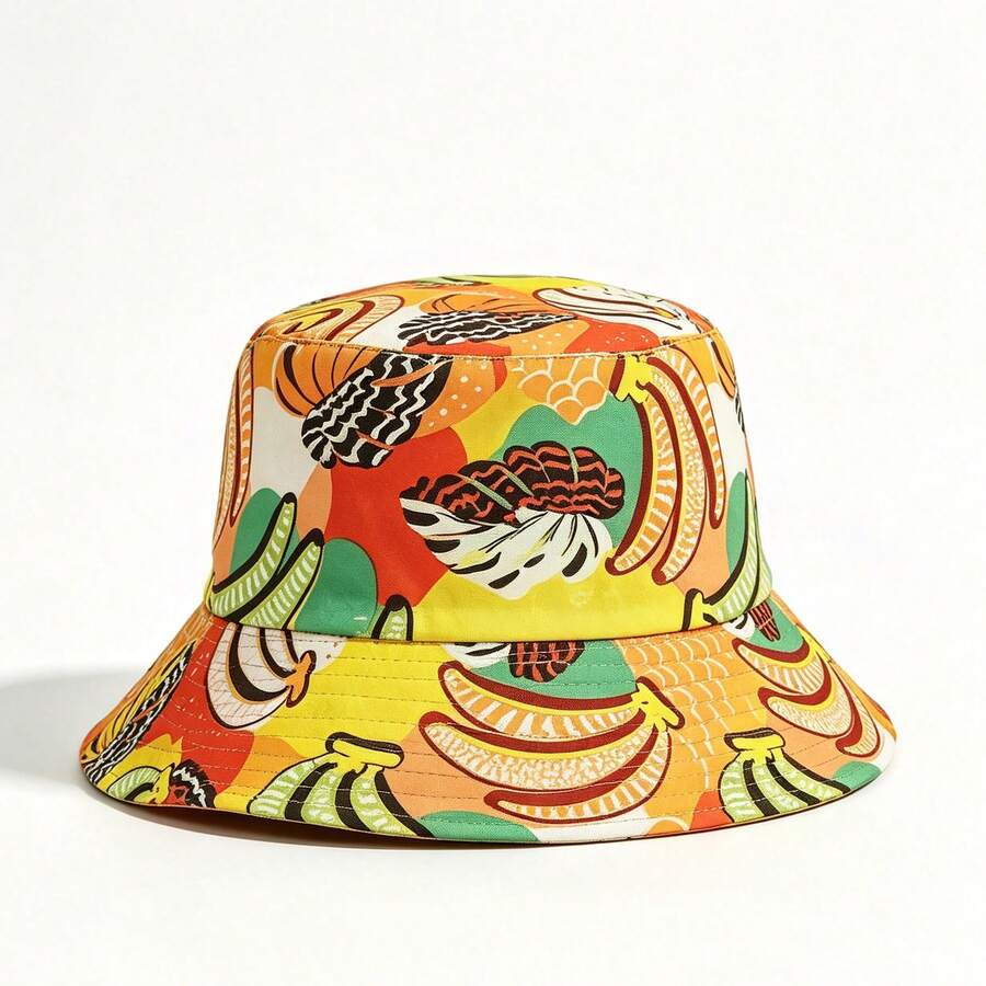 1pc Tropical Banana Print Bucket Hat, Suitable For Travel, Unisex Bohemian Style, Foldable Reversible Bucket Hat, European And American Style - A - View 1