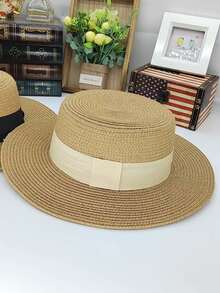 Eshat Flat Top Flat Brim Khaki Straw Hat With White Ribbon, British Style Mini Hat, Simple Beach Vacation Sun Protection Fashion Straw Hat - Khaki Flat Top Hat - View 3
