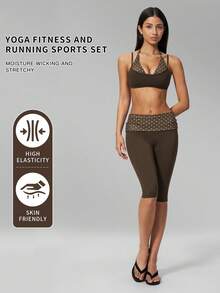 MFVIM Women's 2-Piece Yoga Set, Vintage 2 In 1 Camisole Top / Folded High Waist Slimming Capris Anti-Exposure - Brown With White Polka Dots - View 2