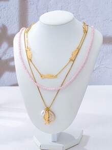 3pcs Bohemian Vacation Style Ocean Series Multi-Element Beaded Fish Pendant Necklace Set For Women Summer Clothing - Pink - View 3