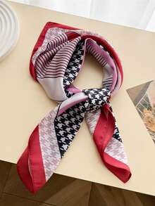 1pc Women's Vintage Houndstooth Diagonal Striped Small Square Bandana, Colorblock Geometric Patchwork Satin Silk Scarf, Versatile Necktie Hairband Bag Tie, Commuter Office Chic Outfit Accessory - Multicolor - View 8
