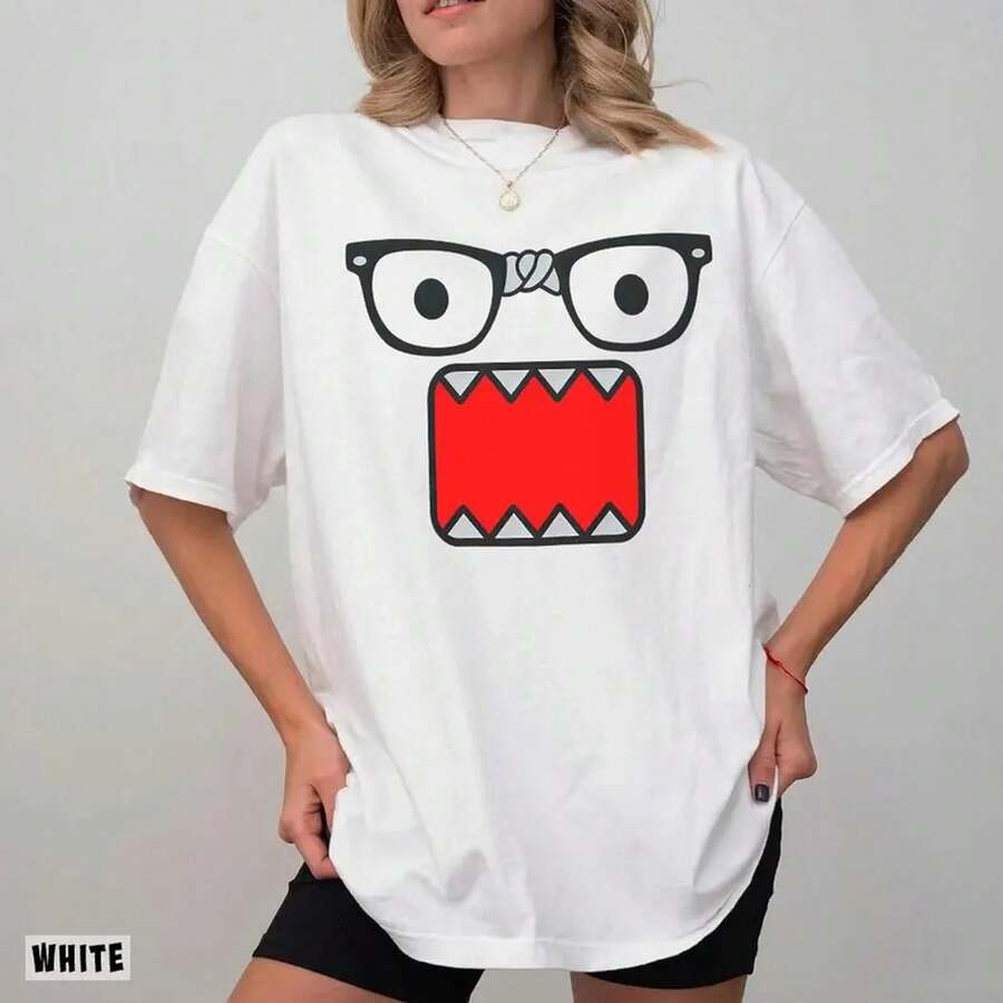 Camicia kawaii, t-shirt Domo, T-shirt da donna, Outfit estivo, Streetwear, T-shirt elegante oversize, Top 100% cotone, Indispensabile per le vacanze - Bianco - Visualizzare 1