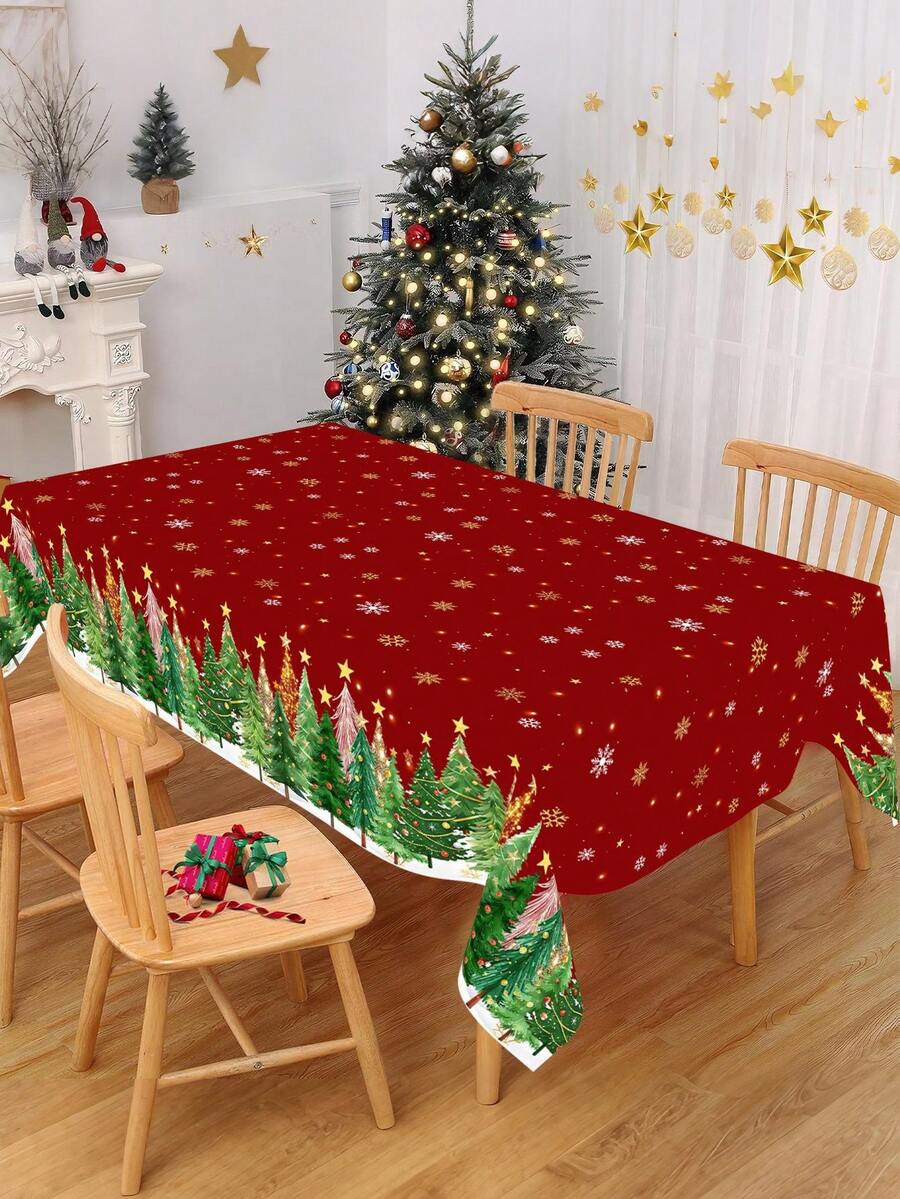 1pc Christmas Tree Tablecloth, 137*183cm Plastic Disposable Christmas Tree Table Cover, Christmas Party Decoration, Holiday Dining Table Decor, Suitable For Kitchen, Restaurant, Gathering, Dinner