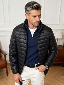 Men's Winter Solid Color Casual Minimalist Style Warm Padded Coat - Black - View 2