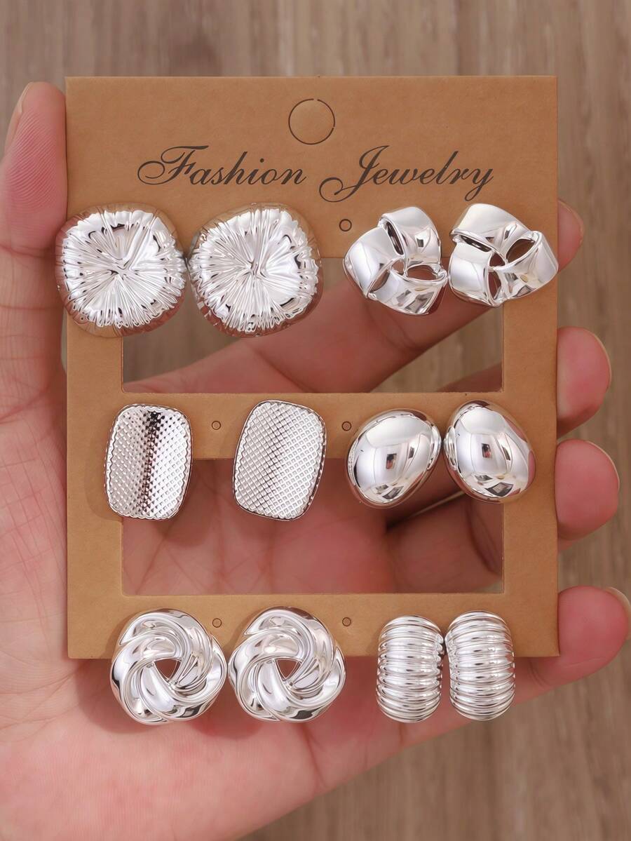 2-12PCS Silver Earrings Set Twisted/Water Drop - Silver - View 1