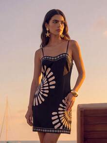 CAJUNI 度假休閒幾何印花細肩帶洋裝 波希米亞風 西部風 熱帶鸚鵡圖案 黑色 - 黑色 - 查看 4