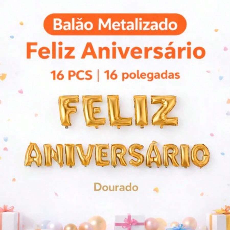 Balão Metalizado Feliz Aniversário 16" - Decoração de Festa. Dourado - Visão 1