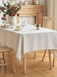 MeijiaMo 1pc Handmade Polyester Rectangular Tablecloth, Bohemian Farmhouse Style, Beige Tassels Decor, Suitable For Holiday Decoration, Restaurant, Hotel, Party, Bedroom, Living Room, Round Dining Table, All Season Use - Milky White - View 3