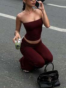 Setelan Atasan Crop Tanpa Tali dan Celana Lebar Elegan untuk Wanita, Pakaian Dua Potong dengan Bahan Elastis Sedang untuk Musim Gugur - Burgundy - View 2