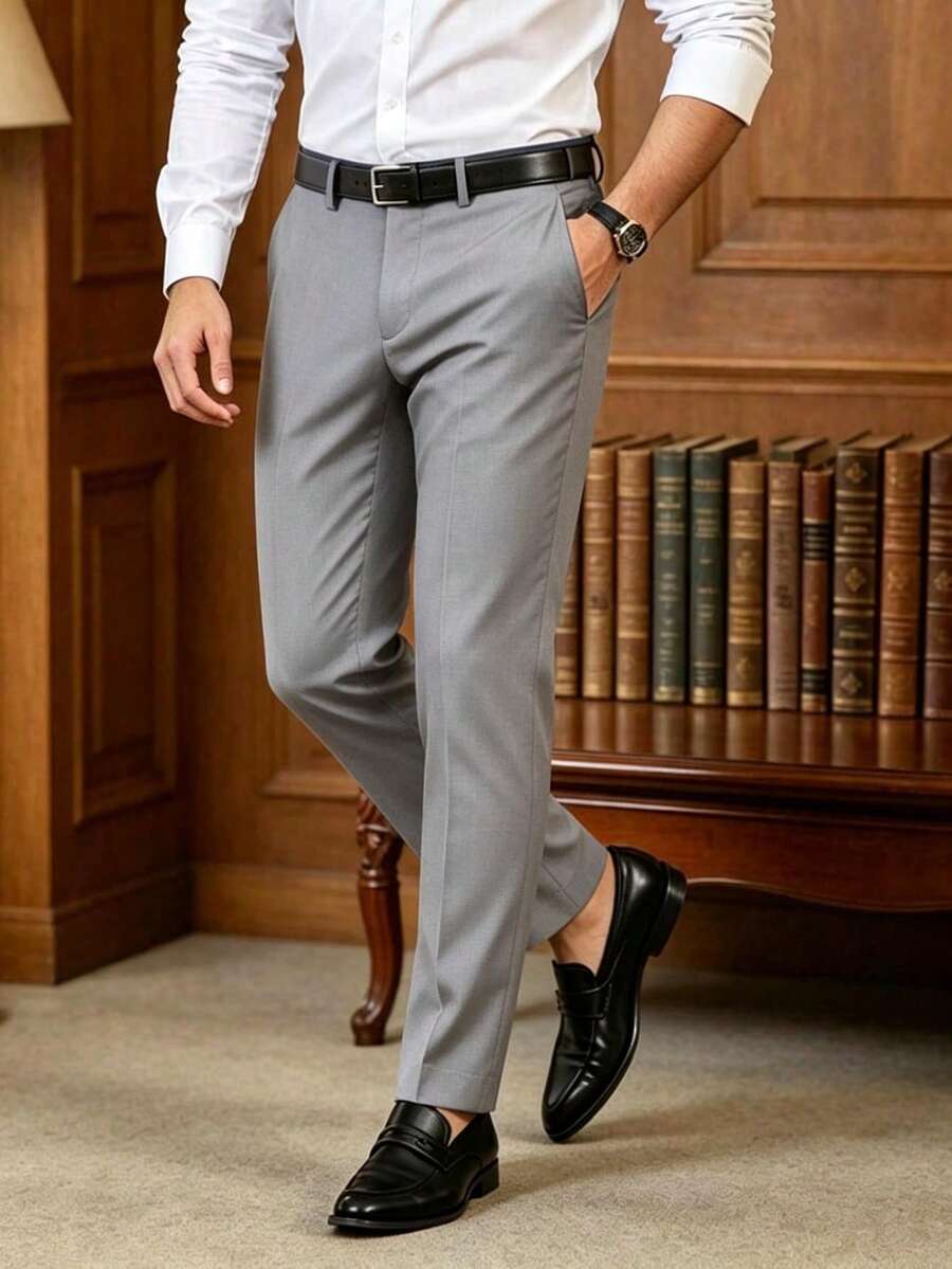 Men's Solid Color Dress Pants, Suitable For Commuting, Casual Business Travel