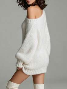 Women's Off-Shoulder Ribbed Lantern Sleeve Loose French Slouchy Elegant Versatile Knit Long Sleeve Dress, Suitable For Daily, Party And Date Wear - White - View 3