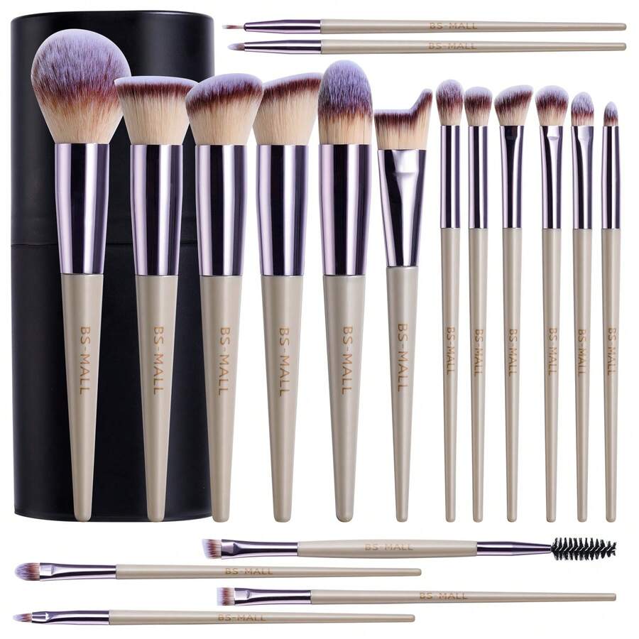 BS-MALL BSMALL 18pcs Pink Synthetic Fiber Makeup Brush Set, Customized Vegan Foundation & Eyeshadow Makeup Brushes With Box - Champagne - View 1