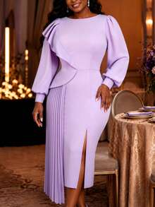 AOMEI Elegant Lavender Pleated Midi Dress For Autumn/Winter, Round Neck Lantern Sleeve, Irregular Ruffle Hem Slit Slim Fit Evening Gown, New Arrival - Lilac Purple - View 3