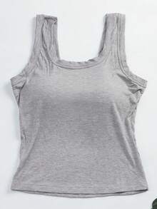 CELILIN Camiseta sin mangas de tirantes anchos que no se clavan, cuello cuadrado, cintura acanalada con almohadillas incorporadas, capa base versátil y estilizada - Gris - Ver 7