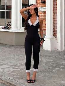 Women's Summer Contrast Lace Fashion Halter Neck Fitted Jumpsuit, Suitable For Running, Fitness, Travel, Vacation And Beach - Black - View 10