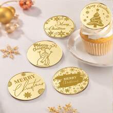 10Pcs/20Pcs/60Pcs/Set Gold Mirror Acrylic Christmas Cupcake Toppers Merry Christmas Round Cake Disc Tags Xmas Holiday Dessert Decorations - Multicolor - View 1