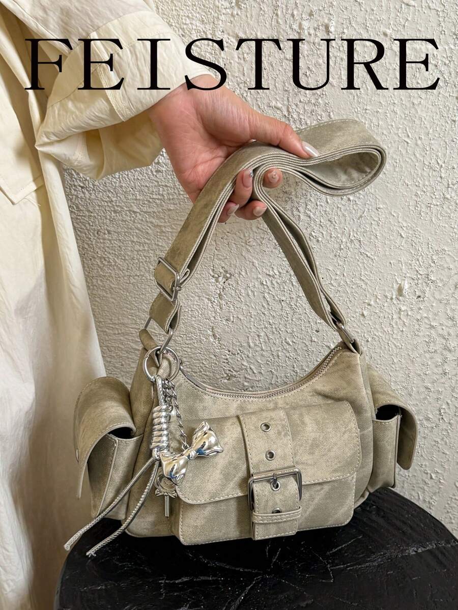 FEISTURE 1件 PU布料多口袋單肩斜挎包，小方包附肩帶，拉鍊開合，附吊飾，適合女孩、女性、大學生、職場新人與白領上班族，適用於工作、商務、通勤、上學