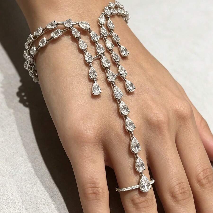 歐美風水鑽流蘇手鍊,女王款個性化奢華水滴形高端手鍊 - 銀色 - 查看 1