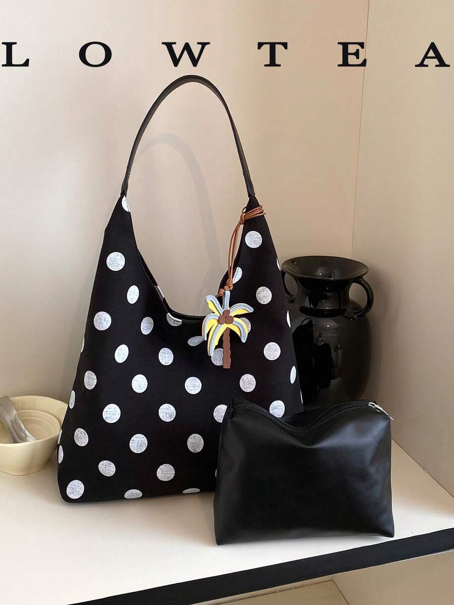 Low Tea 1pc Colorblock Fabric Shoulder Bag, Portable Magnetic Closure Women's Tote Bag Hobo, All-Over Polka Dot Pattern, Top Handle, Shoulder Wallet And Handbag, Travel, Shopping, Dating, Women's Gift, Work, Business, Commute