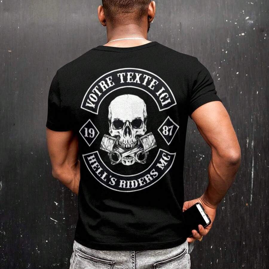 Summer Outfit For Men, Biker T-Shirt Customizable With Your Text, Back Print, 100% Cotton, Regular Fit, Thick Fabric - Black - View 1