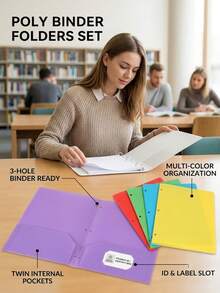 6/1pc Multi-Color Plastic Loose-Leaf Folder With 2 Pockets, Standard 3-Hole Punched File Organizer, Waterproof Document Protector Sleeve With Business Card Holder, Minimalist Business File Storage Bag For Business, University, Office Desk Organization - Multiple Styles - View 10