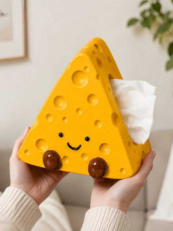 1 pieza Caja de pañuelos con forma de queso sonriente – Soporte de pañuelos de escritorio con temática de alimentos; Accesorio decorativo para el hogar para baños, salas de estar y dormitorios