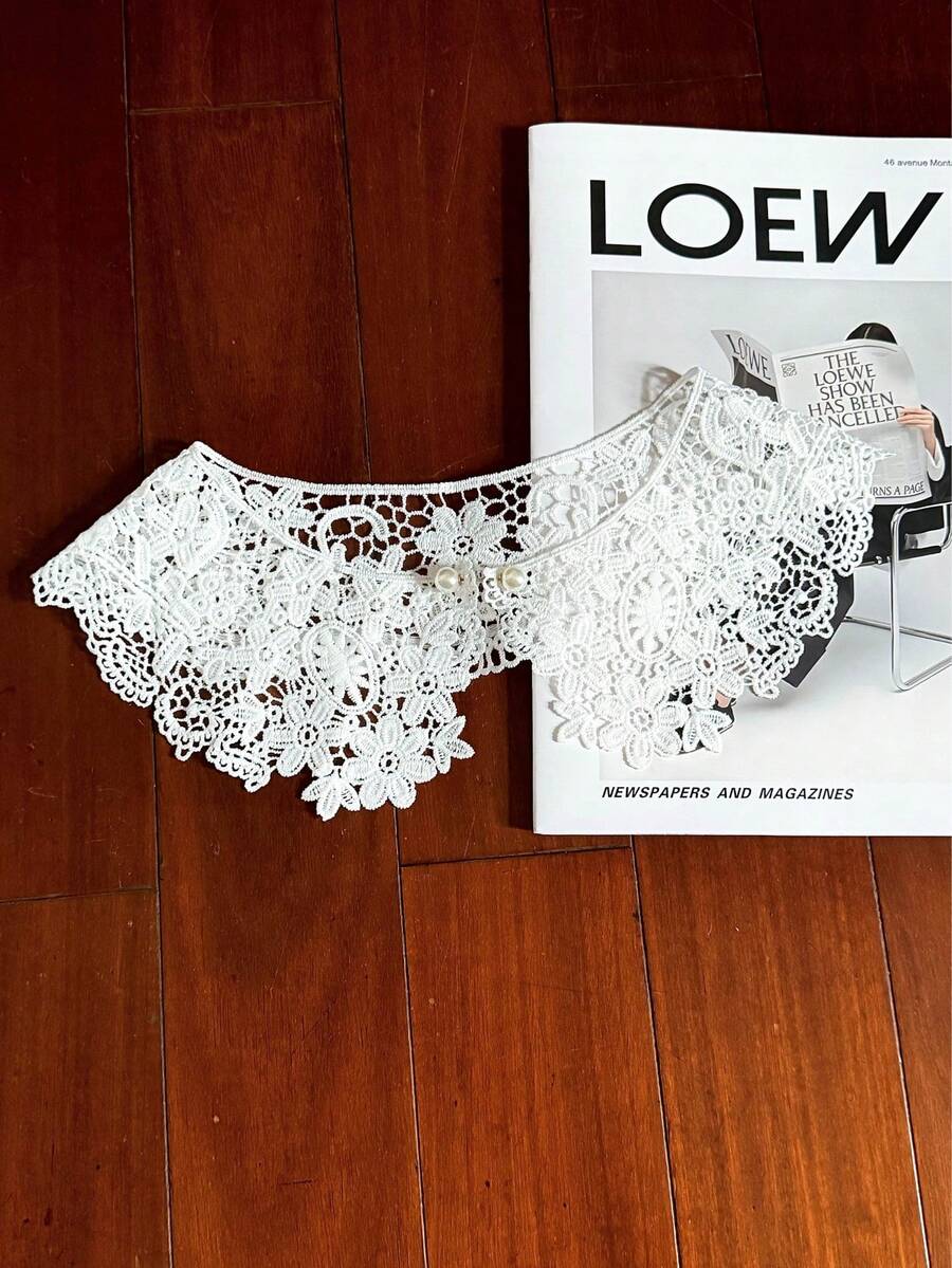 1pc Lace Detachable Collar, Versatile Decorative Collar With Pearl Button And Embroidery, Shawl Collar - White - View 1