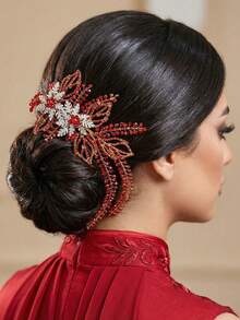 1 pieza Clip para el cabello de novia con strass rojo, adecuado como accesorio para el cabello de mujeres en fiestas de boda - Rojo - Ver 2