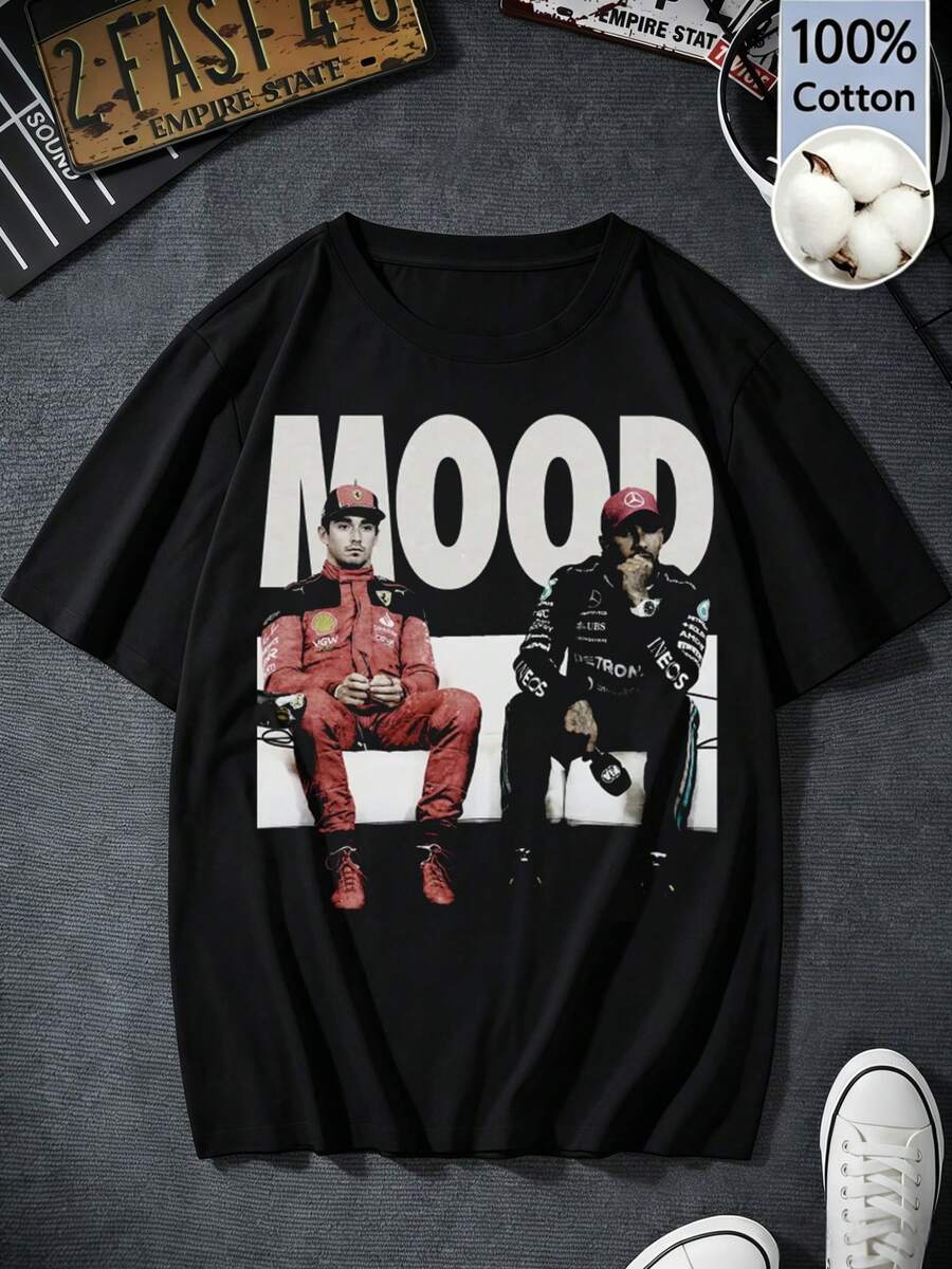 Women's Retro Y2K F1 Racing Drivers Charles Leclercs Lewis Hamiltons Double Portrait Printed Short Sleeve Black Cotton T-Shirt Formulas 1 Fan Regular - 黑色 - 查看 1