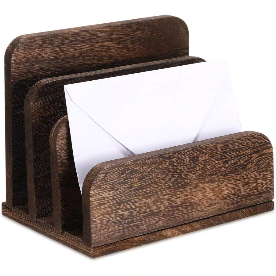 Wooden Mail Organizer 3 Tier Letter Holder Desk File Document Storage Box Envelope Paper Organization Accessories Shelf Home Office Desktop Caddy Rustic Wood Container Supplies Station - Multicolor - View 1