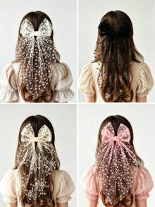 1pc Girls Pink Floral Lace Bow Hair Clip, Long Tulle Tassel Hair Accessory, Suitable For Daily And Party Hairstyles - Multicolor - View 1