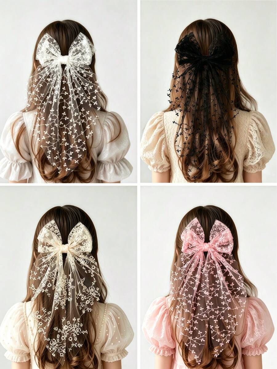 1pc Girls Pink Floral Lace Bow Hair Clip, Long Tulle Tassel Hair Accessory, Suitable For Daily And Party Hairstyles - Multicolor - View 1