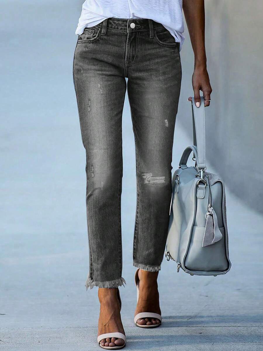 Y2K Style Women's High-Waisted Slim Fit Jeans, Stretchy Fabric, Distressed Design, Ruffle Hem, Slant Pockets, 7/8 Length, Suitable For Office & Casual Wear, Autumn/Winter - Smoke Black - View 1