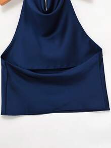 Spring/Summer Solid Color Satin Halter Neck Backless Top - Navy Blue - View 5