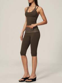 TimeOff Women's One Set Polka Dot 2 In 1 Patchwork V-Neck Halter Tank Top & Folded Waist Mid-Length Pants Sports Set - Brown - View 7